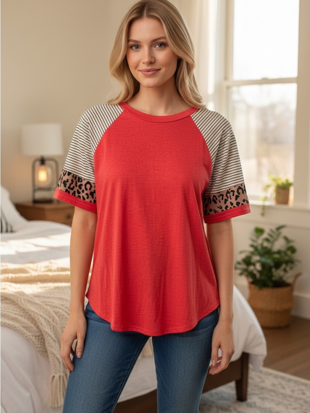 🌿NWT Boutique Red Colorblock Tee Raglan Sleeve.Striped & Leopard Print , Sz L
